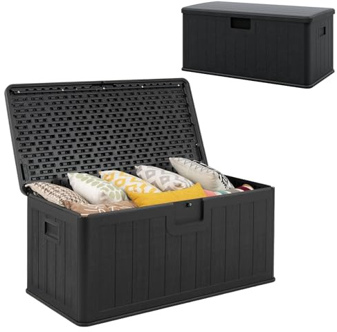 HOMASIS 378L Auflagenbox mit Rollen, XXL Gartenbox aus HDPE wetterfest, abschließbar Aufbewahrungsbox mit Deckel, Kissenbox Kissentruhe Auflagentruhe Gartentruhe, 130 x 64 x 59 cm (Schwarz)