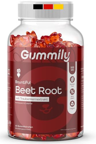 Gummily® Rote Beete Extrakt - Hochdosiertes Rote-Bete-Pulver 500mg mit Traubenkernextrakt 150mg | 60 Vegane Gummibärchen – Geprüfte Qualität - Beeren Geschmack