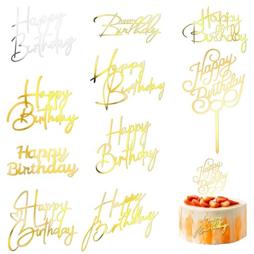 Happy Birthday Cake Toppers 10PCS Mirror Acrylic Cakes Topper Glitter Side Cake Topper Decorations Gold Cakes Inserts Charm Supplies for Anniversary Bridal Shower Birthday Party Supplies