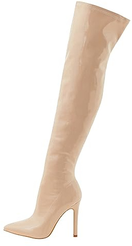 Generisch Stivali sopra il ginocchio da donna Shark Boots morbida cerniera interna in pelle verniciata con tacco alto, stivali elastici sopra il ginocchio per esterni, beige., 42 EU