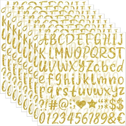 8 Sheets Glitter Letter Stickers - 648PCS Gold Alphabet Number & Symbol Decals - 1 Inch Self-Adhesive Waterproof Stickers - DIY Scrapbooking Crafts Graduation Cap Water Bottle Decor