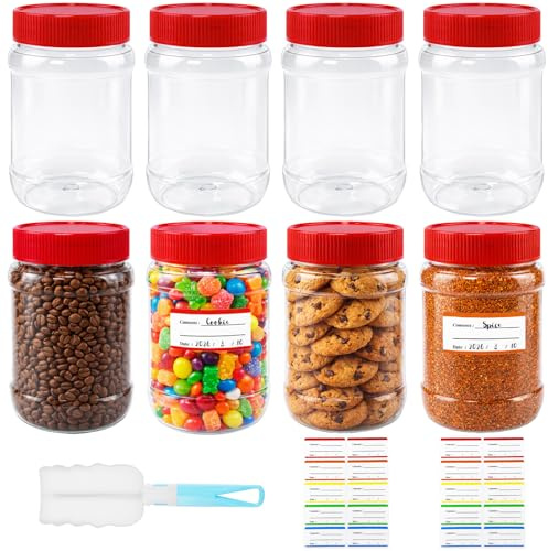 Amentalove 8 Stück Vorratsdosen mit Deckel Luftdicht 500ml, Einmachgläser mit Schraubdeckel, Plastikdosen Runde Transparent Kunststoff Vorratsdosen mit Pinsel & Etiketten für Küche Gewürze Süßigkeiten