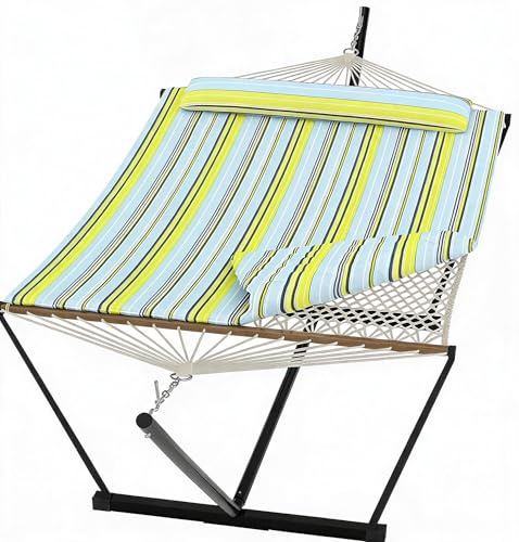 Garvee Double Hammock with Heavy Duty Stand, 200 kg (450lb) Capacity 2 Person Portable Rope Hammock with Pillow & Pad, Easy Assembly, Ideal for Backyard, Garden & Camping, Light blue-green stripes