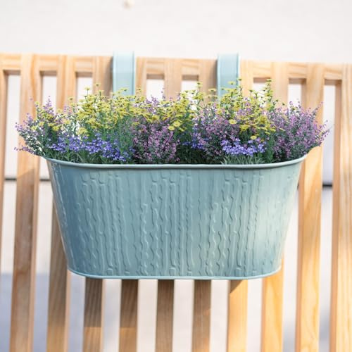 FabFinds Sage Green Textured Metal Over Fence Planter 26.5cm (2) | Sage green textured metal over fence planter for flowers herbs balcony railings patios garden fences