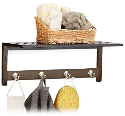 Relaxdays Wandregal mit 4 Haken, HxBxT: 17,5 x 50 x 16 cm, Bambus, Handtuchhalter, Garderobe, freischwebend, dunkelbraun
