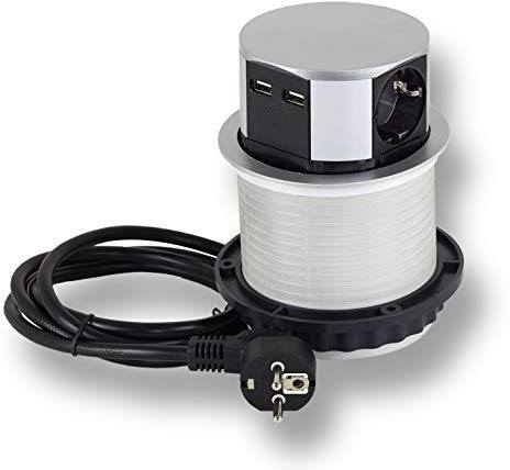 Enchufe retráctil 3x Schuko, 2x USB para cocina, oficina, muebles