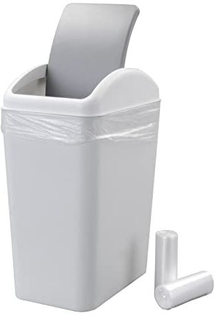 Annkky 15 L Small Bathroom Bins with 2 Rolls Bin Liners, Plastic Swing Dustbin with Lid (Light grey)