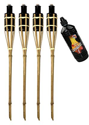 Moritz 4X Bambusfackeln Fackel 90 cm Standard Natur + 1x 1000ml Lampenöl Gartenfackel Ölfackeln Garten Deko Öllampe Wegleuchte