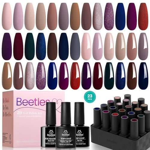 Beetles 20 Pcs Gel Nail Polish, Manhattan Soak Off Nail Polish Set Nude Glitter Burgundy Red Purple Gold Starter Kit with Glossy & Matte Top Base Coat Manicure Beauty Gift