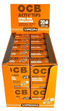 OCB Activ'Tips Extra Slim Unbl 6 mm, 20 Packungen x 15 Filter | ungebleichte Aktivkohlefilter mit Keramikkappen, 15 Filtertips zum Eindrehen