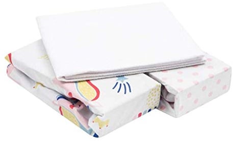 Flyideas 3-Piece Bedding Set for Bassinets, Carrycots, and Prams – 2 Cotton Fitted Sheets & 1 Waterproof Mattress Protector, 70x30 cm – Hypoallergenic, Soft, Breathable Moses Basket Sheets