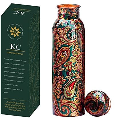 KC Bouteille d'eau en cuivre pur avec protection anti-fuite avancée et sans articulations, bénéfiques pour la santé de l'Ayurveda et du yoga. (1000 ml, 1 unite) avec revêtement laqué (lot de 1)