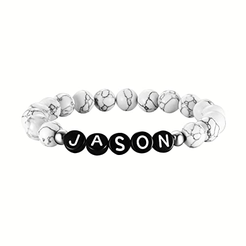 Handgemachte natürliche Edelstein Perlen Armband mit benutzerdefinierten Namen/Initial/Buchstaben Weiß Türkis Perlen Armbänder für Männer Frauen, personalisierte Geschenk beste Freundin, Mama Papa