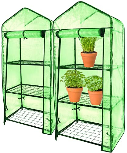 Royal Gardineer Universal-Gewächshaus: 2er-Set Folien-Gewächshäuser, 4 Etagen, Aufroll-Tür, 69x160x49cm, grün (Kleingewächshaus, Treibhaus-Pflanzenregal, Insektenschutz)