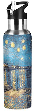 JUMBEAR Van Gogh Bouteille d'eau isotherme en acier inoxydable étanche avec couvercle à paille pour fitness, gym et sports de plein air, 650 ml