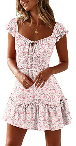 YOBECHO Mini Robe Courte d'été à manches volantées et encolure en cœur pour femme, A-rose clair., Taille M