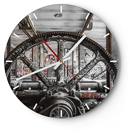 Modern Wanduhr Maschine Industrie Graffiti 30x30cm Rund Klein Wand Uhr Glas Analog Zimmeruhren Küche Büro Wohnzimmer Glasuhr Wall Clock Dekoration Design Wanddekoration Küchenuhr C3AR30x30-4304