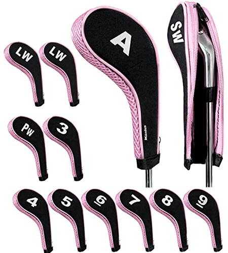 Andux Golfschläger Schlägerhauben Zahlendruck Langer Hals Reißverschluss 12 Stück/Set Schwarz/rosa