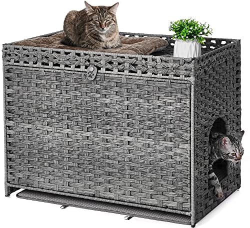 Katzentoilette mit weicher Katzentoilette, versteckte Kätzchen-Waschraummöbel mit Tür, handgewebtes Rattan-Katzenhaus mit großem Raum, Haustierkiste für Wohnzimmer, Schlafzimmer, Balkon (Grau)