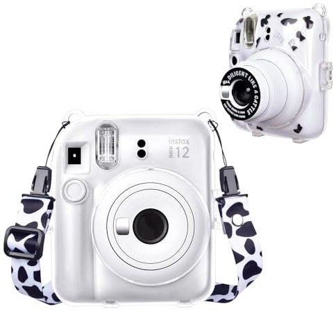 HIYQIN Clear Case Compatible with Fujifilm Instax Mini 12 Instant Camera, Polaroid Camera Fuji Mini 12 Hard Cover with DIY Sticker and Shoulder Strap - Cow
