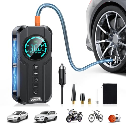 BUVAYE Compressore Aria Portatile, 150PSI Mini Compressore Portatile, Compressore Auto Elettrica con Schermo LCD,Torcia LED, per Bicicletta,Gonfiatore Bici Elettrico per Auto,Moto,Biciclette e Palloni