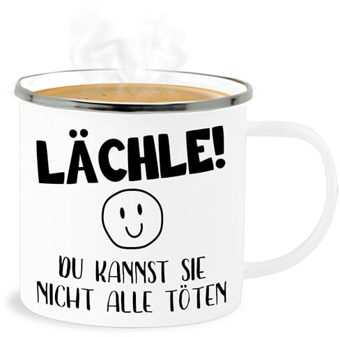 Emaille Becher Blechbecher - Statement Sprüche - Lächle du kannst sie nicht alle töten Emoticon schwarz - 300 ml - Weiß Silber - tassen mit sprüchen sarkasmus schlechte laune tasse