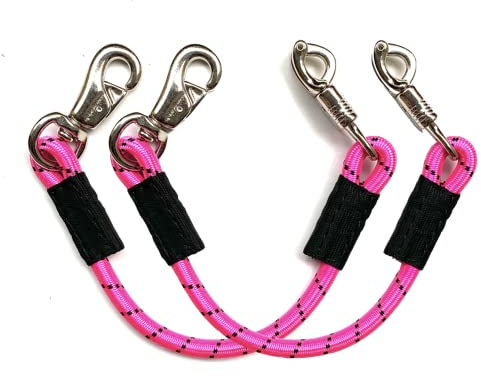 JA Horse Transport Elastik Anbinder Anbindestrick elastisch Gummianbinder Anbindekette mit Panikhaken und Bull snap für Reitsport Pferdeanhänger, Box und Stall (2, Pink, 80 cm)