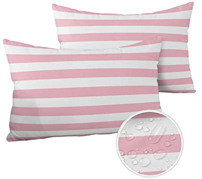 Lendenkissenbezüge, wasserdicht, für den Außenbereich, Terrassenmöbel, gestreift, gestreift, 30,5 x 50,8 cm, für Sofa, Couch, Stuhl, Rosa und Weiß