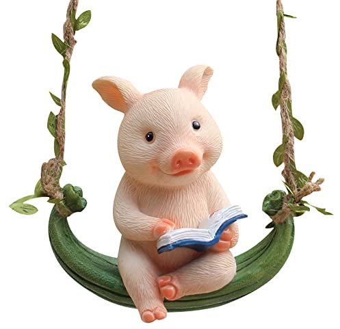 WAYUTO Schaukelfigur aus Kunstharz, Schwein, zum Lesen, Gartenfigur, schöne hängende Handarbeit, Tierskulptur mit Seil zum Aufhängen, Dekoration für Zuhause, Flur, Hof, Balkon