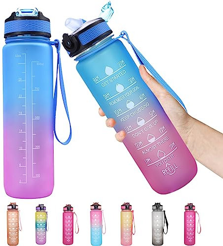 RuiDay Sport Wasserflasche BPA-frei,Trinkflasche Auslaufsicher mit motivierender Zeitmarkierung und Strohhalm, Wasserflasche aus Kunststoff für Fitnessstudio, Laufen, Schule