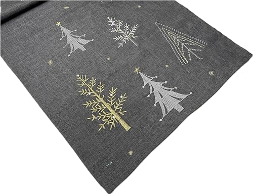 khevga Tischläufer Tischdecke Weihnachten modern in Grau mit Stickerei Gold Silber (Grau_Baum_Glitzer)
