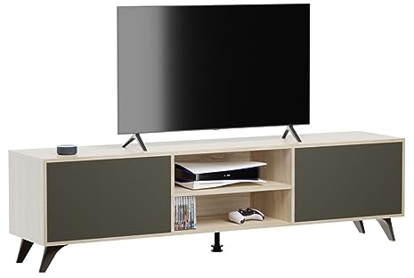 Somnia Descanso Mueble de TV de Diseño Nórdico, 2 Compartimentos de Almacenamiento y 2 Puertas, Apto para Televisores de hasta 77 Pulgadas, Color Cambria-Grafito