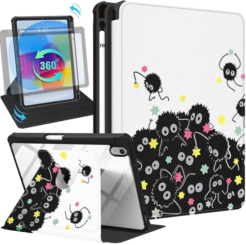 Uppuppy Schutzhülle für iPad 10. Generation, 27,7 cm (10,9 Zoll), Folio-Schutzhülle mit Stifthalter, Damen, niedlich, Mädchen, Mädchen, Kawaii, hübsches schwarzes Sternendesign, ästhetischer drehbarer