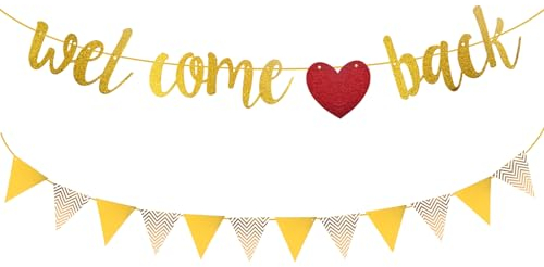 volumoon Welcome Back Girlande, Willkommen Zurück Banner mit Dreieck Flagge, Glitzerbanner Dekoration Golden, Schule Saison Banner, Welcome Back Deko für Schule Familie Aktivitäten Fotorequisiten