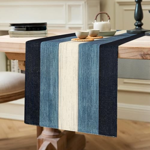 Camino de Mesa Moderno a la Moda Azul Profundo y Blanco Rayas de Vetas de Madera Camino de Mesa de Invierno de Temporada Cocina Decoración Interior Vacaciones Fiesta Decoración 40 x 140 cm
