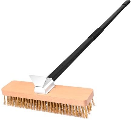NUTUNI Grande brosse pour four à pizza avec grattoir, brosse à grille avec poils en laiton largeur 27 cm avec manche long 94 cm ou 134 cm, accessoires pour four de jardin