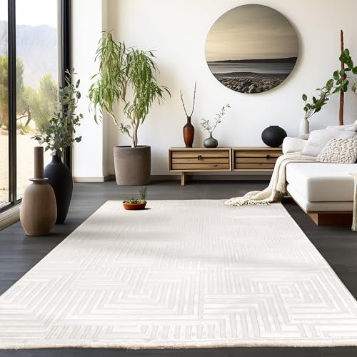Homebyhome Kurzflor Teppich Läufer Flur Wohnzimmerteppich Creme 3D Teppich Skandinavisches Stil Modern Teppiche 80 x 150 cm - Waschbarer Bettvorleger Schlafzimmer Küchenläufer Geometrisch Design Weich