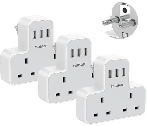 UK to European Plug Adapter with 3 USB, TESSAN Grounded EU Travel Plug, Schuko Europe Adaptor for Spain France Turkey Greece Portugal (Type E F),3 Pack