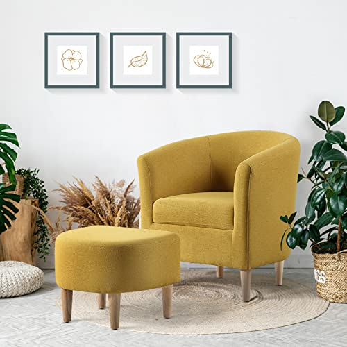Mesax Sessel Wohnzimmer mit Hocker, Ohrensessel Chair Bequemer und weicher, Relaxsessel Schlafzimmer, Leinenstoff Loungesessel Lesesessel, Schlichter und modischer Sessel, Beine aus Massivholz (Gelb)
