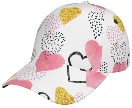 MDATT Lippen, bedruckt mit schwarz-weißen Streifen, für Herren und Damen, gewaschen, verstellbar, für draußen, flacher Schnapper, mit hohem Pferdeschwanz-Design, Goldfarben/pinkes Herz, One size