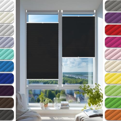 Plissee Klemmfix Ohne Bohren 25 x 45 cm, Blickdicht Sichtschutz Sonnenschutz, Plissee Rollo ohne Bohren Jalousie, Klemmfix Plissee Ohne Bohren, für Fenster & Tür, Schwarz