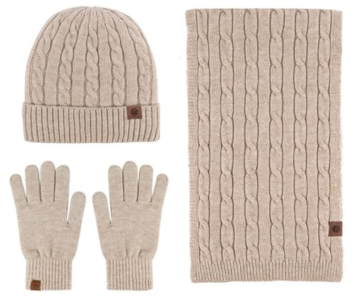 Bocguy Mütze, Schal & Handschuh-Sets für Damen, Touchscreen Handschuhe Schal Wärmer Mütze Damen 3 in 1 Set, Mütze Winter mit Bommel Fleece Gefütterte für Damen & Herren, Khaki