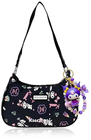 Roffatide Anime Kuromi Nette Umhängetaschen für Frauen Freunde PU Tote Handtasche mit Reißverschluss Verschluss Mini Clutch Schulter Geldbörse Unterarm Geldbörse (mit Anhänger)