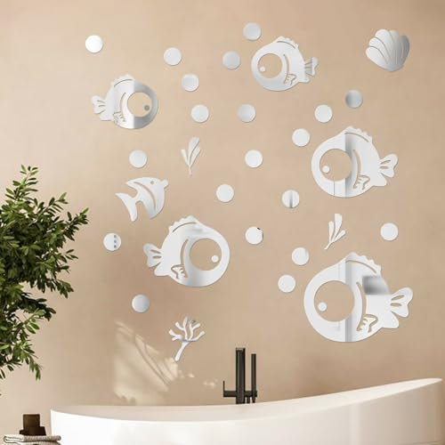 3D Acryl Spiegel Wandaufkleber Fisch und Bubbles, DIY Aufkleber Badezimmer Wanddeko, Wandtattoo Selbstklebend Wandsticker Badezimmer Wasserfest, Geeignet für Bad, Wohnzimmer, Schlafzimmer (Silber)