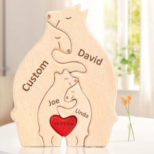 Personalized Wooden Puzzle with 2-7 Family Name Bear Family Jigsaw Puzzle with Names Personalized for Mom, Custom Gifts for Christmas Mother's Day Father's Day, House Warming Gifts (bear)