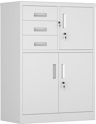 SUPEER Aktenschrank,Metallschrank mit DREI SchubladenLagerschränke,Stahlblech Pulverbeschichtung,Stahlschrank für Werkzeuge, Büro,110 x 80 x 40 cm(Weiß
