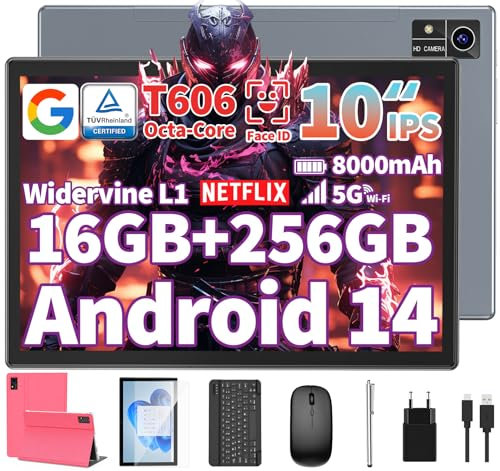 QDDQ Android 14 Tablet mit Tastatur, Tablet 10 Zoll mit 16GB+256GB, 1TB Expand, 8-Core, 8000mAh, 5G WiFi, Widevine L1, GMS, 1280P FHD, 2 in 1 mit Tastatur, Maus, Stylus (Rosa)