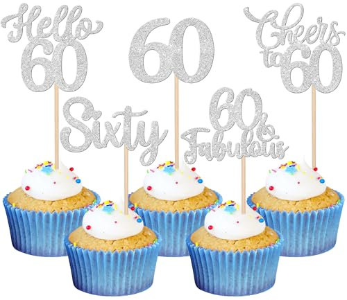 Xsstarmi 30 Pack Happy 60th Birthday Cupcake Toppers Silver Glitter Hello 60 Fabulous Fifty Birthday Cupcake Picks Cheers to 60 Years Cake Decorations for Happy 60th Birthday Party Supplies