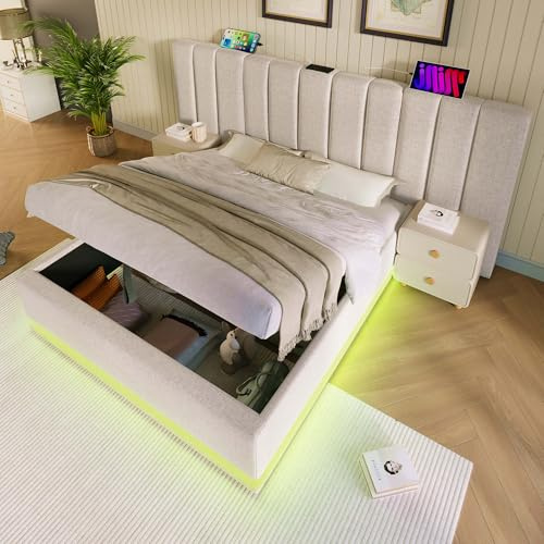 Merax Polsterbett 180x200cm, Hydraulisch Doppelbett mit LED und USB-C Ladefunktion, Modern Stauraumbett mit Bettkasten & verbreitertes Kopfteil & Lattenrost, Jugendbett, Leinen, Ohne Matratze, Beige