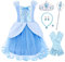 Berich Costume Cendrillon pour enfants avec baguette magique pour filles, costume d'Halloween, cadeau de Noël, robe Cendrillon de 5 à 6 ans (bleu, 140)